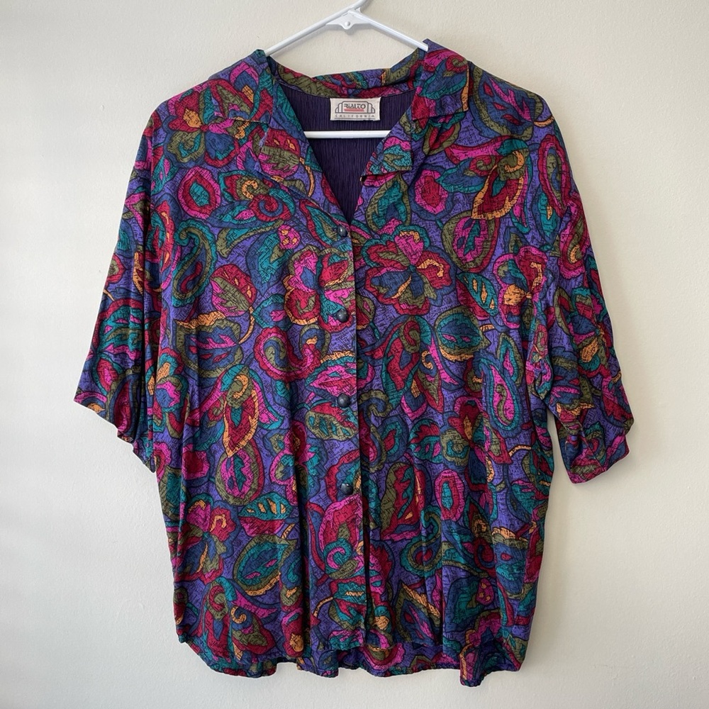 Vintage 80s 90s Multicolor Paisley Button Up Flowy Top